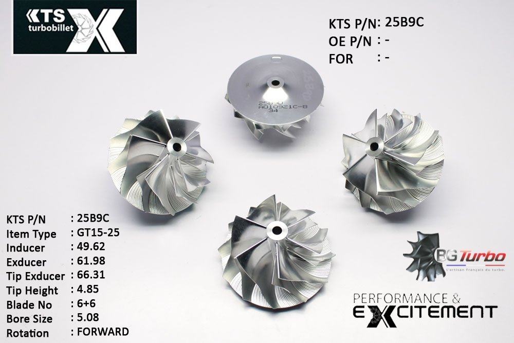 Turbo ROUE FORGÉE MFS PERFORMANCE - 6+6 PALES - INDUCER : 49,62 - EXDUCER : 61,98 - TYPE : GT15-25
ANGLE : 55° - ROTATION : Forward - SUPER BACK : 4,2 - BORE SIZE : 5,08
